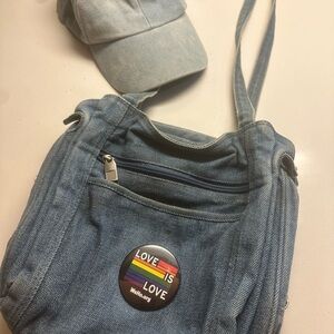 Denim Bag and Cap Set with Love Pin